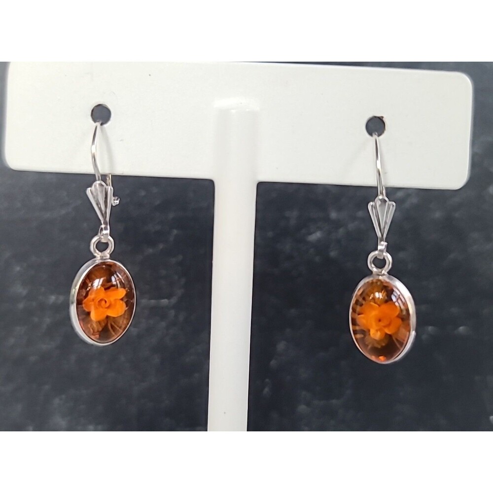 925 Sterling Silver Floral Resin Dangling Pierced Earrings Vintage